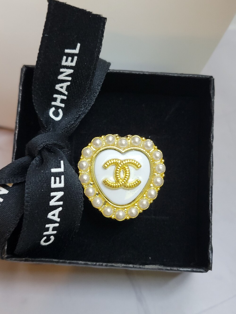 Adjustable CC Gold Heart Logo Ring with White Enamel and Pearl Accents